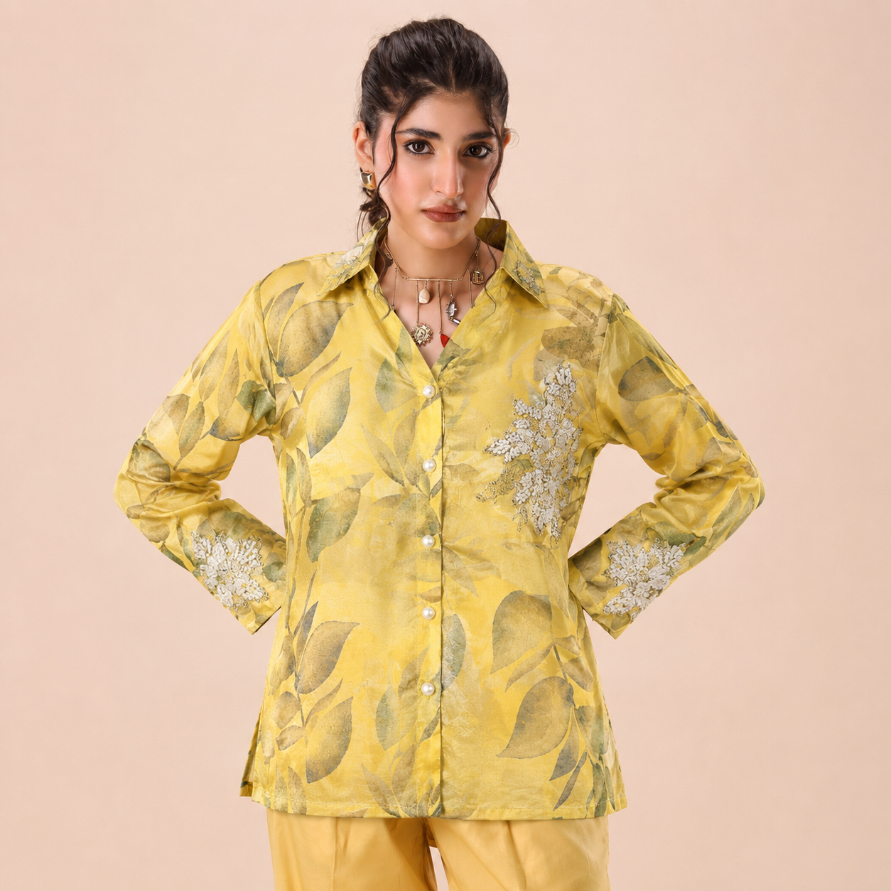 Mustard Yellow Leaf Printed Shirt with Embroidered Detail